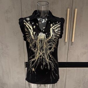 Dex Black Top with Gold Wing Design